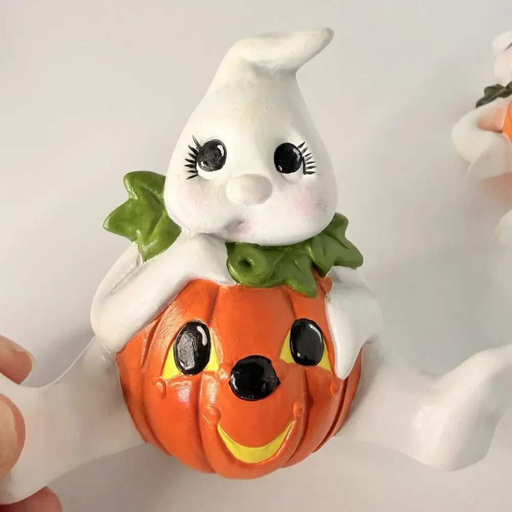 Vtg Ceramic Halloween Ghost Pumpkin Belly Figurine Anthropomorphic Set of 2